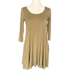 Lulus Olive Green 3/4 Sleeve Swing Mini‎ Dress with Pockets Small Made in USA